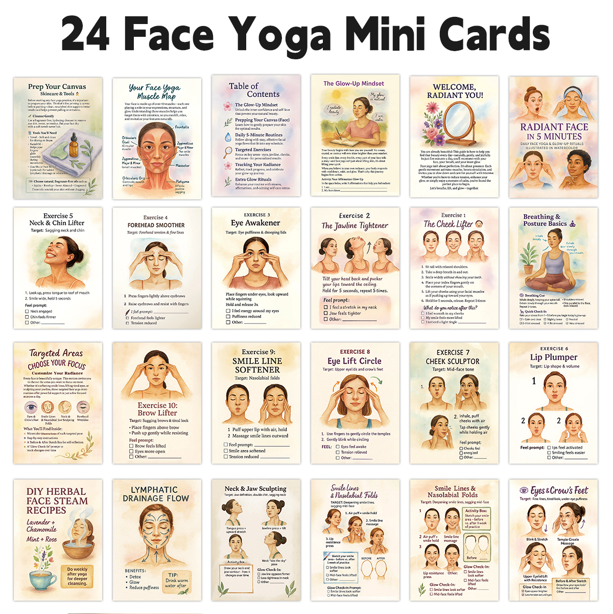 Health Wellness Center - 24pcs Radiant Face Yoga Cards,Pocket Guide